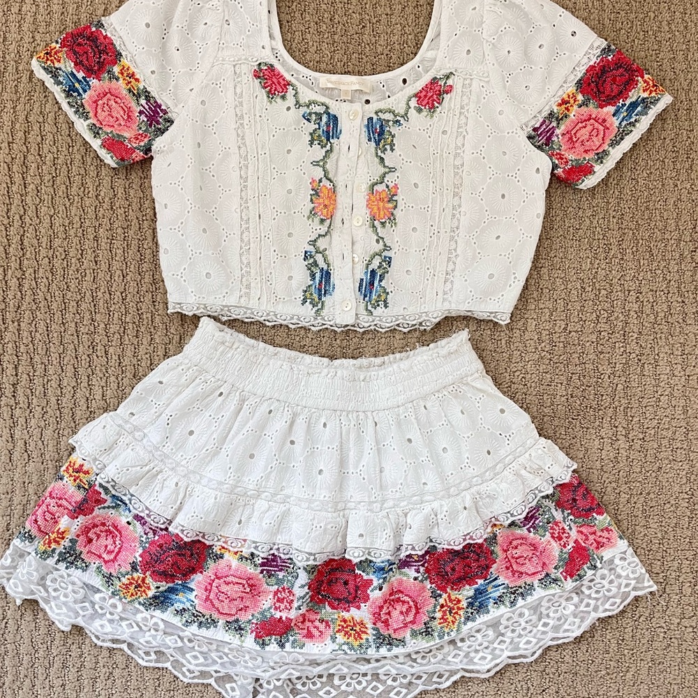 LoveShackFancy White Eyelet Two-Piece Floral Embroidered Set